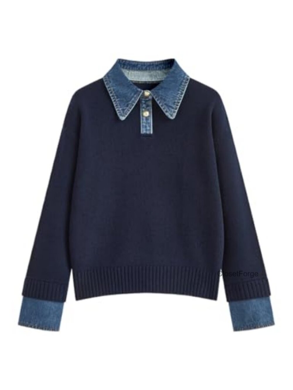 Oversized Long Sleeve Knit Sweater 2-in-1 Denim Panel Lapel Polo Pullover Top